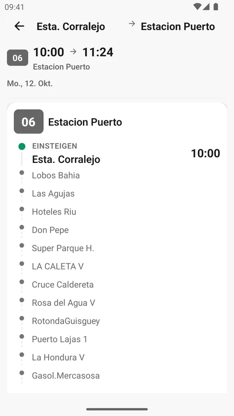 Fahrtdetails in der Android-App: Linie 06 ab Esta. Corralejo Richtung Estacion Puerto, mit den Zwischenhalten.