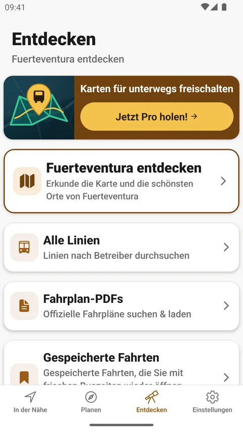 Tab „Entdecken“ der Android-App, Fuerteventura entdecken: die Karte Fuerteventura entdecken, Alle Linien, Fahrplan-PDFs und Gespeicherte Fahrten.