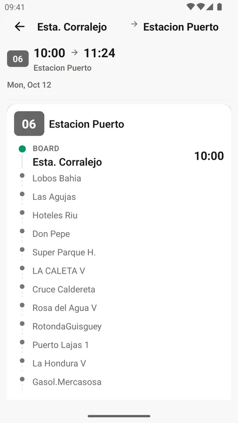 Détail du trajet dans l’app Android, en anglais : ligne 06 d’Esta. Corralejo vers Estacion Puerto, avec les arrêts intermédiaires.