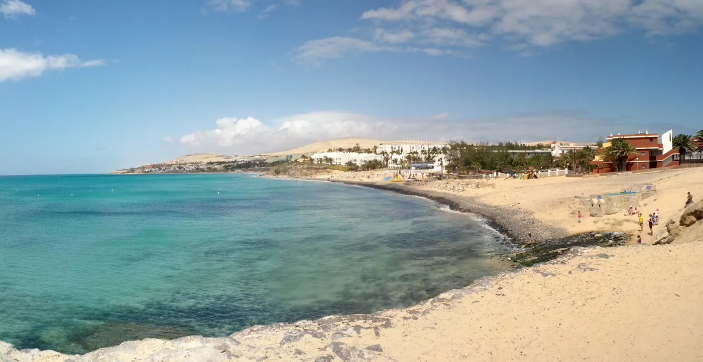 Turquoise water and pale sand along the coast at Costa Calma, Fuerteventura.