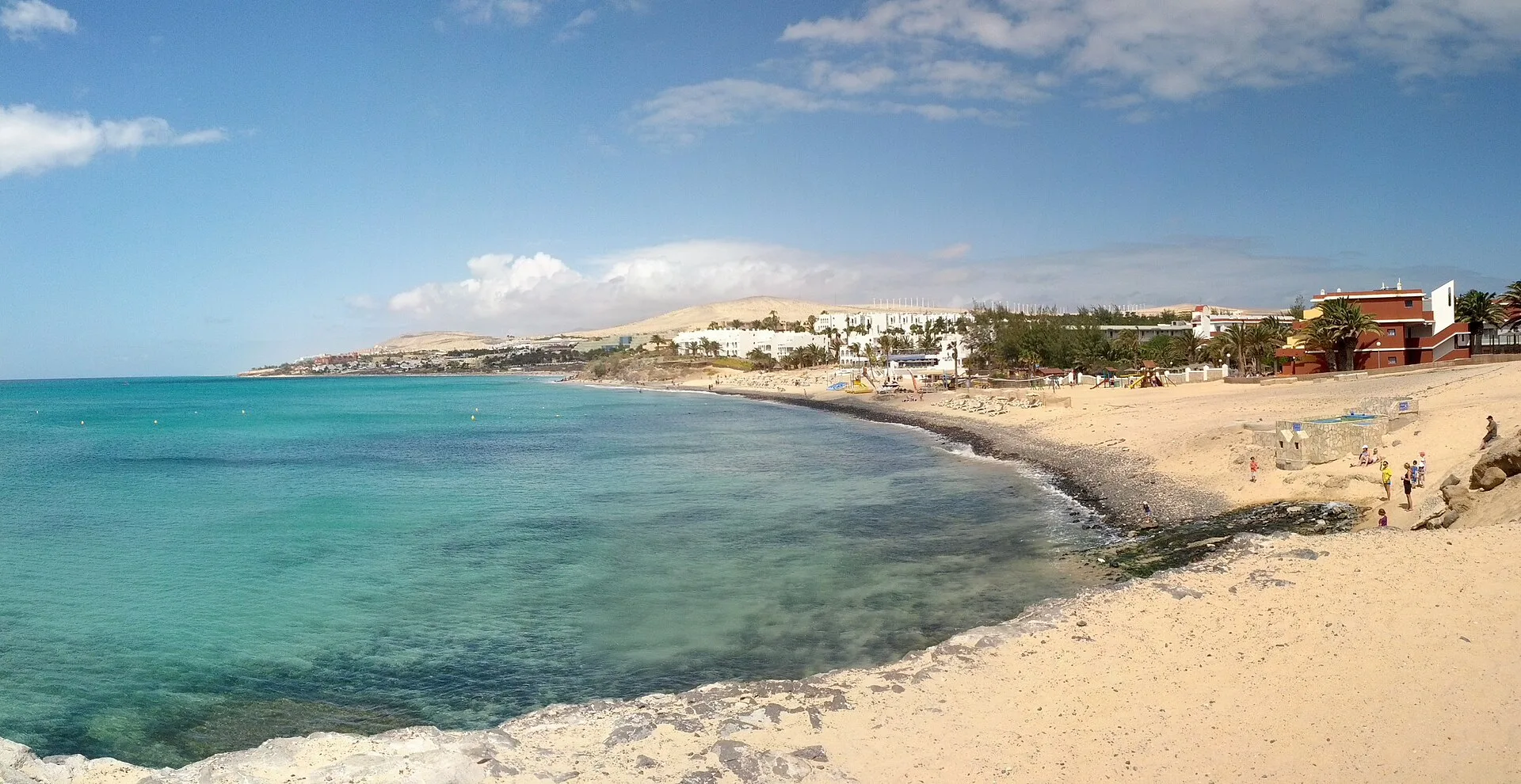 Turquoise water and pale sand along the coast at Costa Calma, Fuerteventura.